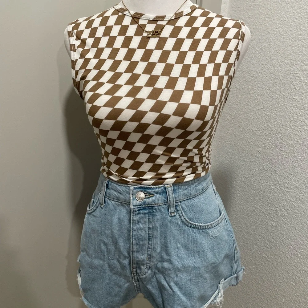MOTEL Rocks Gimon Brown & White Checkered Crop Tank Top - S - Picture 10 of 11